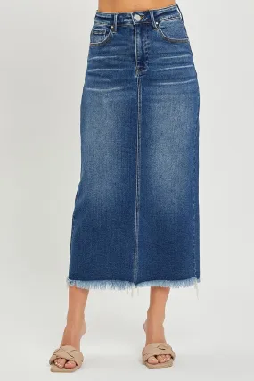 Risen Dark High Rise Frayed Hem Long Pencil Skirt