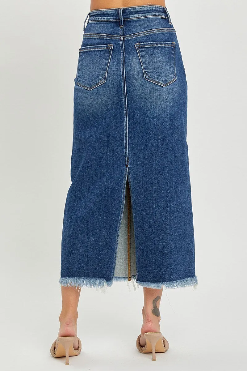 Risen Dark High Rise Frayed Hem Long Pencil Skirt