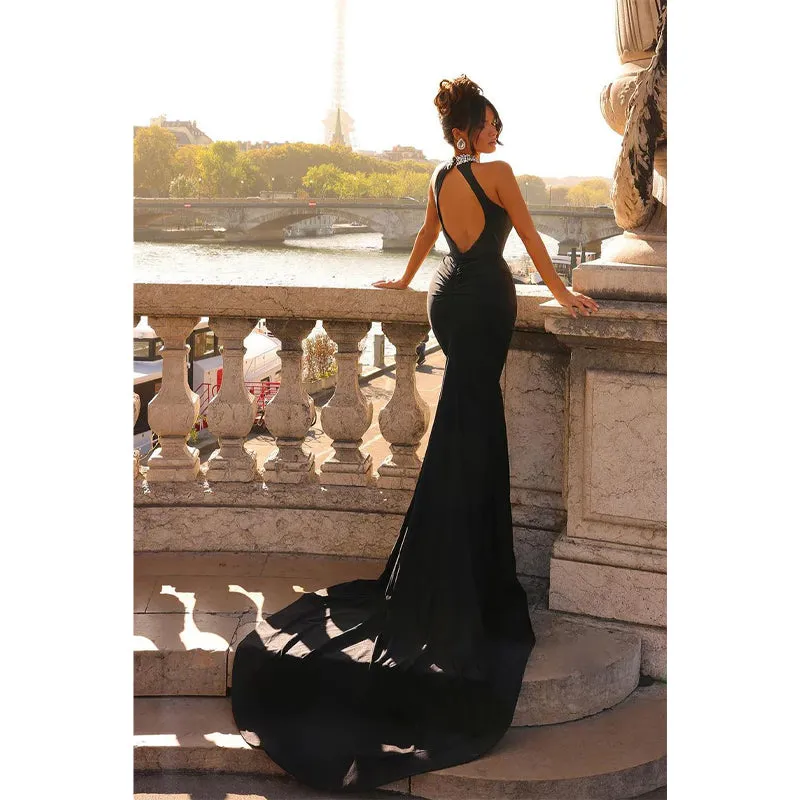 Sheath Beaded High Neck Satin Long Prom Dress with Train Evening Gowns