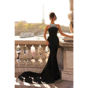 Sheath Beaded High Neck Satin Long Prom Dress with Train Evening Gowns