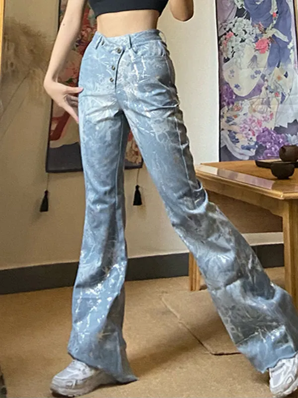 Silver Tie-Dye Buttoned Flare Jeans