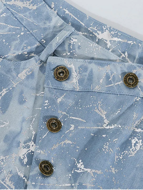 Silver Tie-Dye Buttoned Flare Jeans