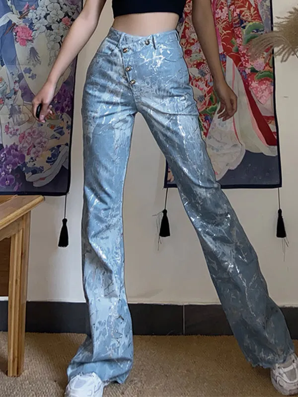 Silver Tie-Dye Buttoned Flare Jeans