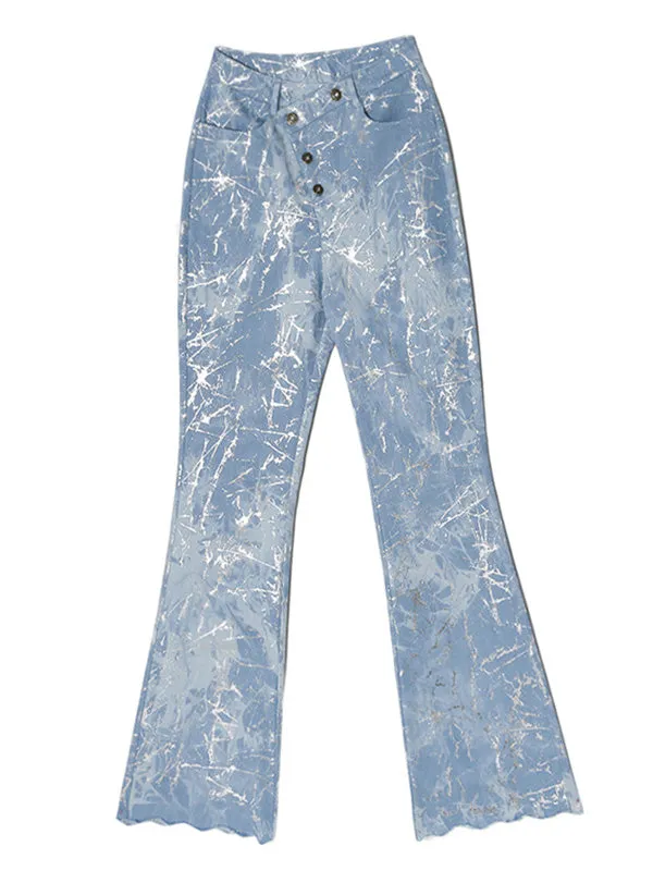 Silver Tie-Dye Buttoned Flare Jeans