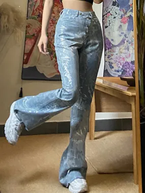 Silver Tie-Dye Buttoned Flare Jeans