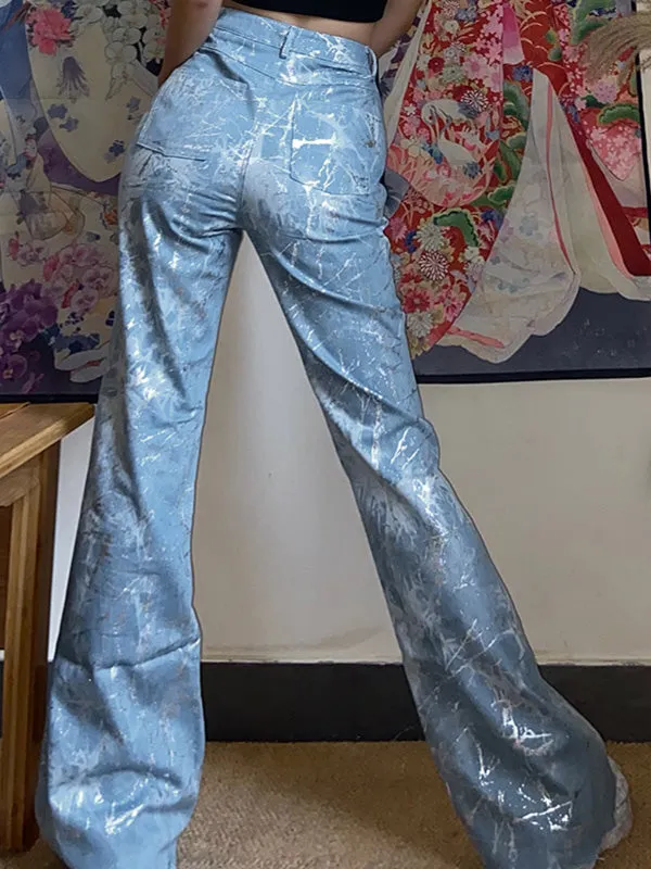 Silver Tie-Dye Buttoned Flare Jeans