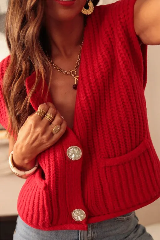 Solid  Knit Side Pockets Buttoned Sweater Vest