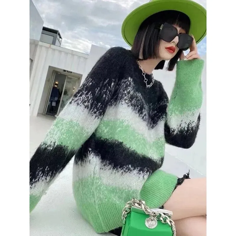 Striped Hit Color Loose Sweater For Women Round Neck Long Sleeve Casual Lazy Knitted Top Female Fashion
