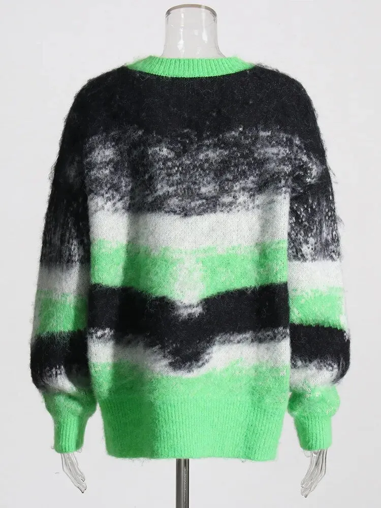 Striped Hit Color Loose Sweater For Women Round Neck Long Sleeve Casual Lazy Knitted Top Female Fashion