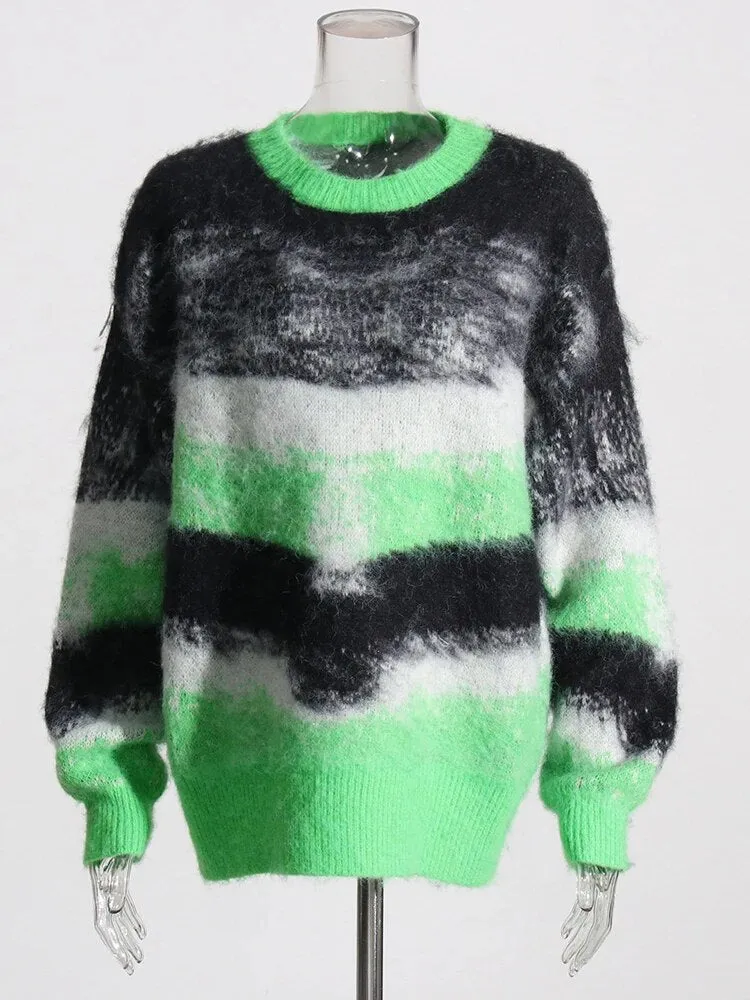 Striped Hit Color Loose Sweater For Women Round Neck Long Sleeve Casual Lazy Knitted Top Female Fashion