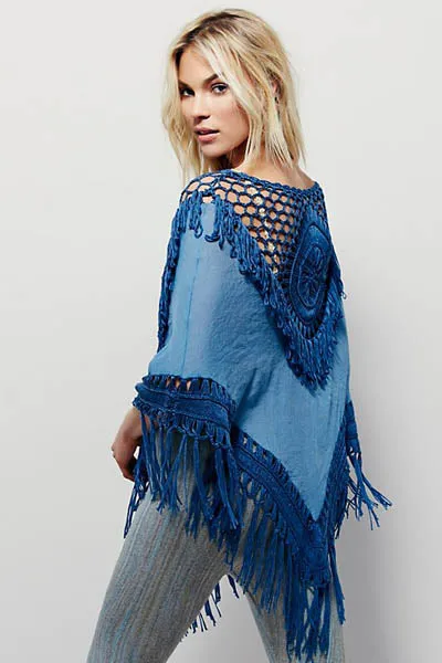 Sundial Fringe Poncho Blue