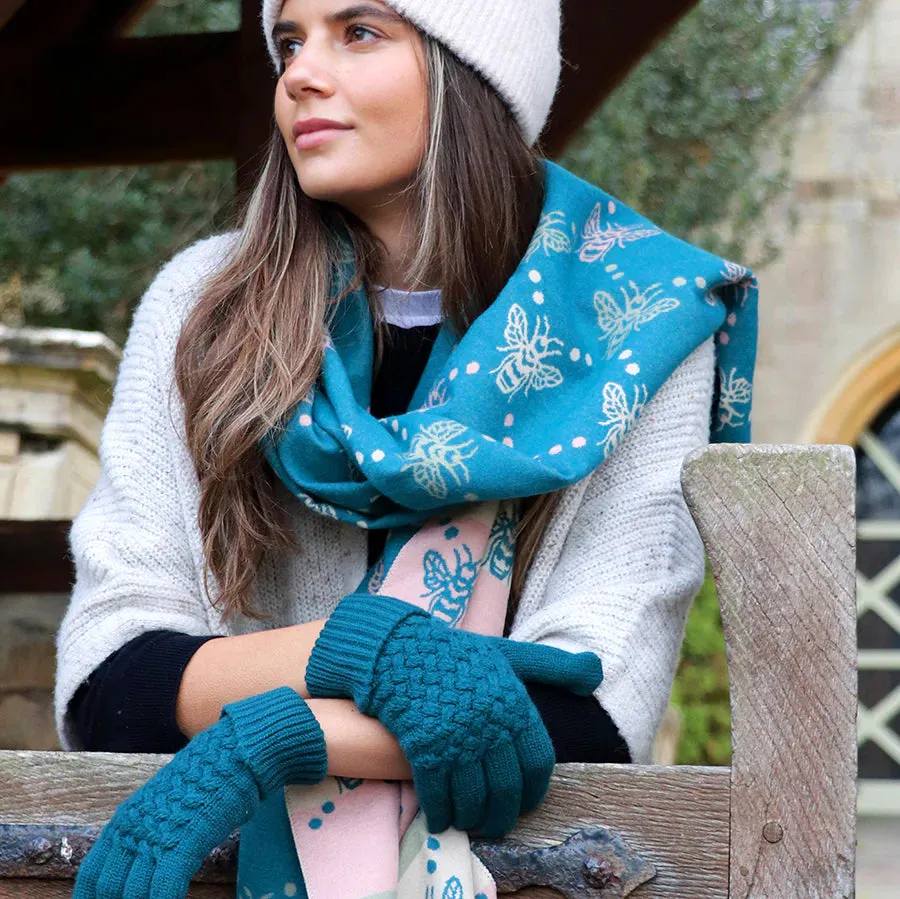 Teal Bee Mix & Stripe Jacquard Scarf