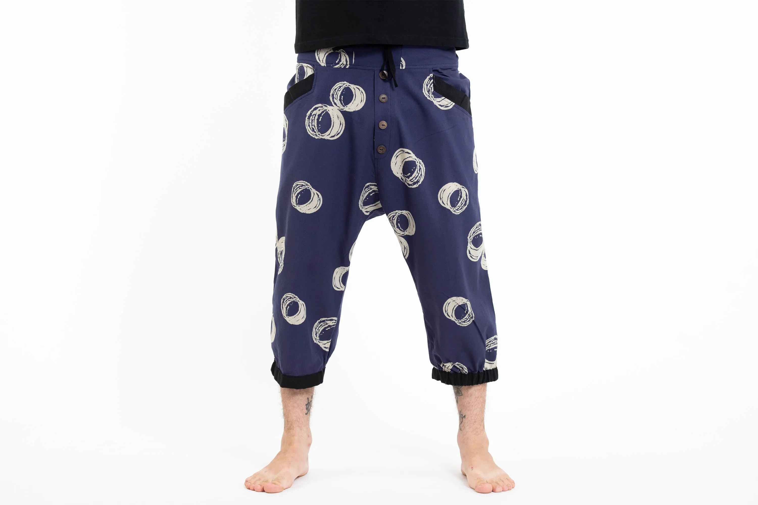 Unisex Circles Harem Pants with Faux Buttons in Navy