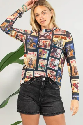 Vintage Western Print Semi Sheer Mesh Top