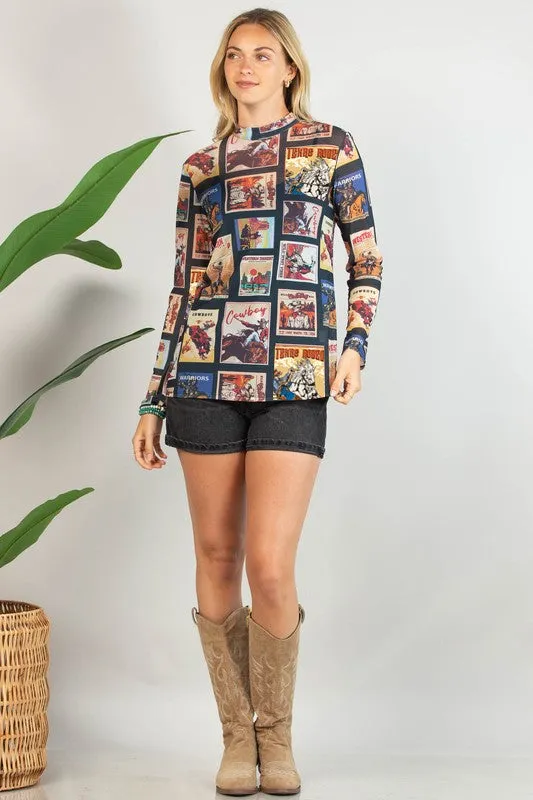 Vintage Western Print Semi Sheer Mesh Top