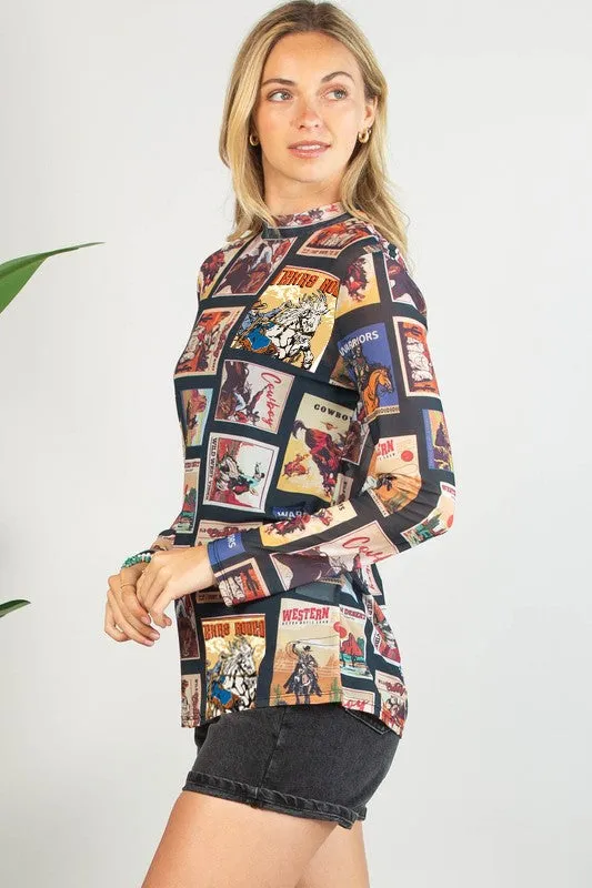 Vintage Western Print Semi Sheer Mesh Top