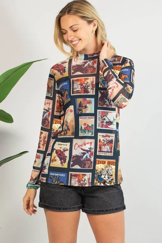 Vintage Western Print Semi Sheer Mesh Top