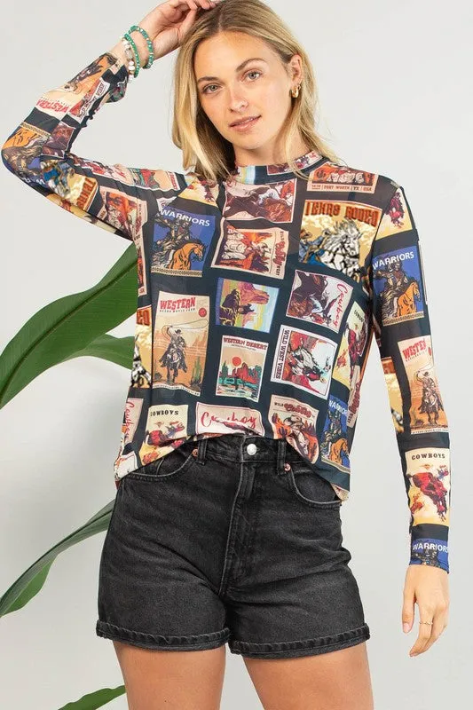 Vintage Western Print Semi Sheer Mesh Top