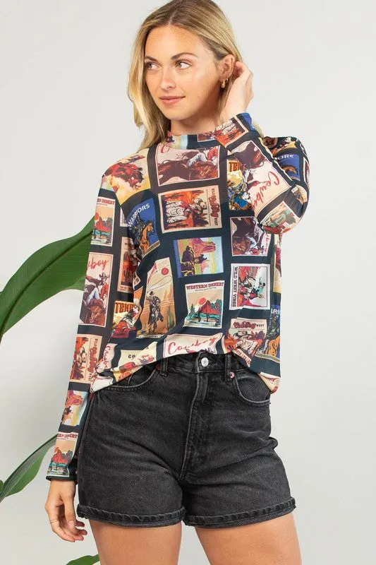 Vintage Western Print Semi Sheer Mesh Top