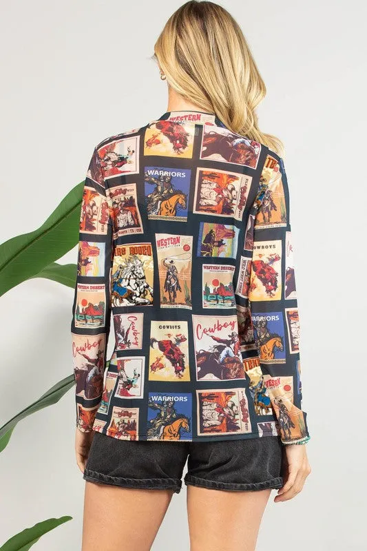Vintage Western Print Semi Sheer Mesh Top