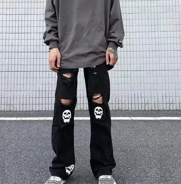 Vintage Y2K Harajuku Ripped Hole Skull Print Straight Fit Baggy Black Denim Jeans For Mens