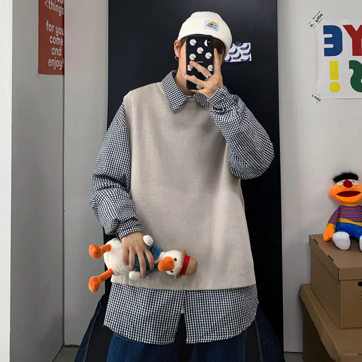 Voguable Autumn Korean Sweater Vest Men's Fashion Casual O-neck Knitted Pullover Men Clothes Streetwear Loose Mens Vest Knitting Sweaters