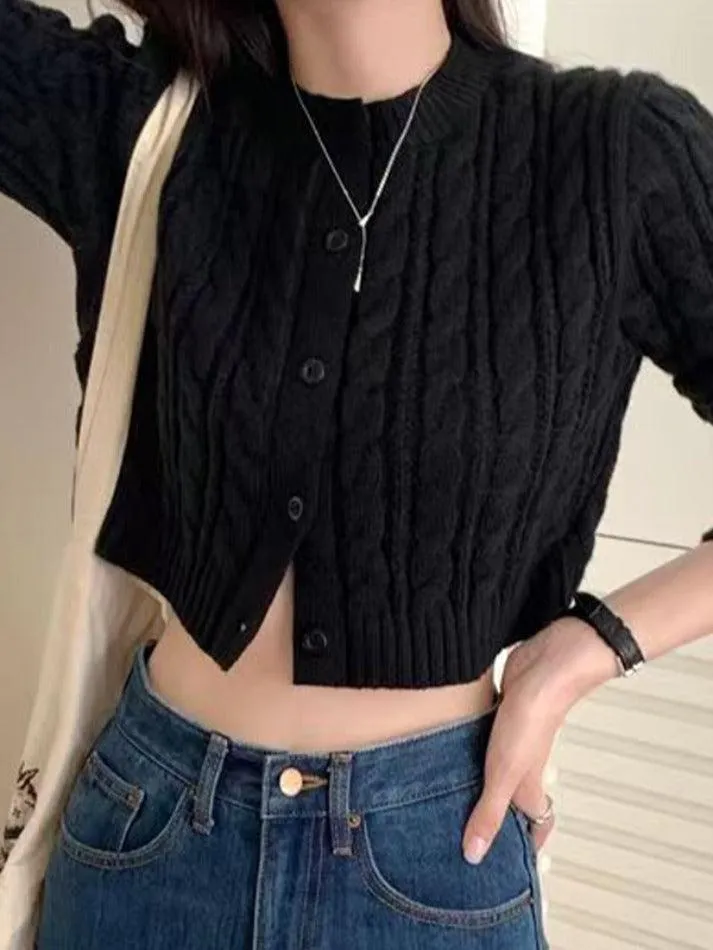 Wenkouban-Spring Casual Outfits Y2K Outfits Solid Short Cable Knit Cardigan