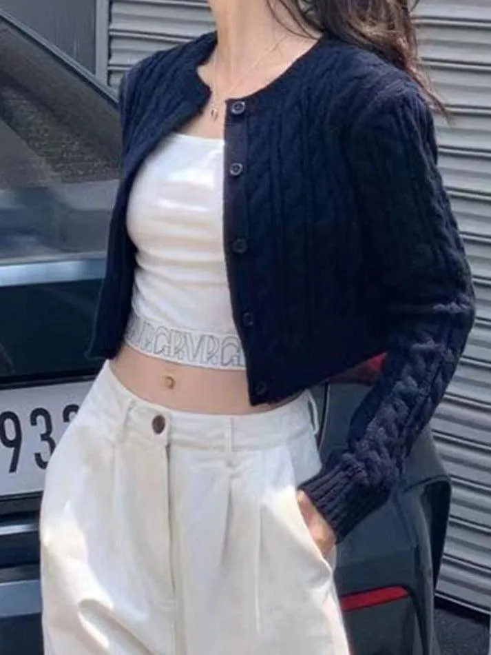 Wenkouban-Spring Casual Outfits Y2K Outfits Solid Short Cable Knit Cardigan