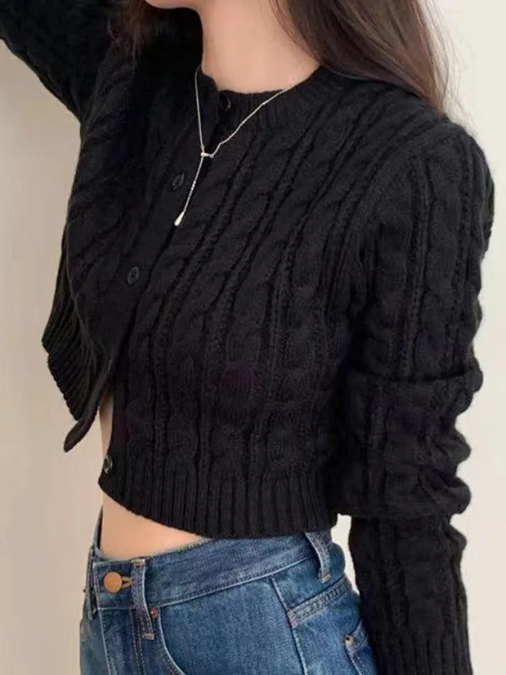Wenkouban-Spring Casual Outfits Y2K Outfits Solid Short Cable Knit Cardigan