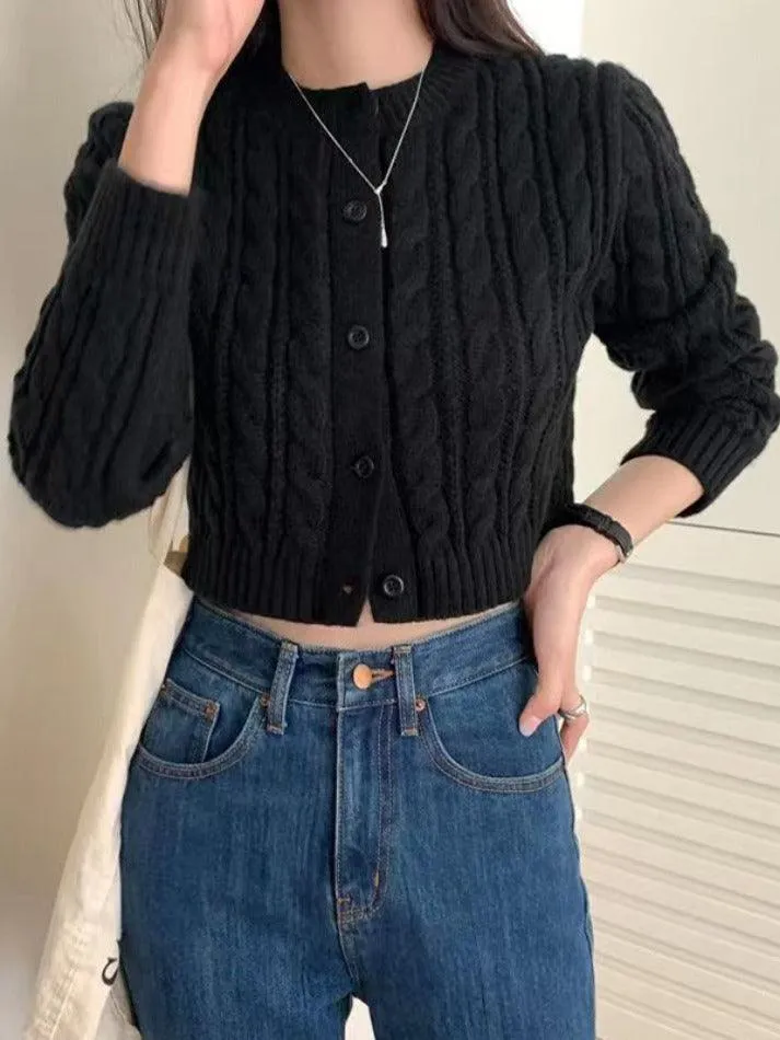 Wenkouban-Spring Casual Outfits Y2K Outfits Solid Short Cable Knit Cardigan