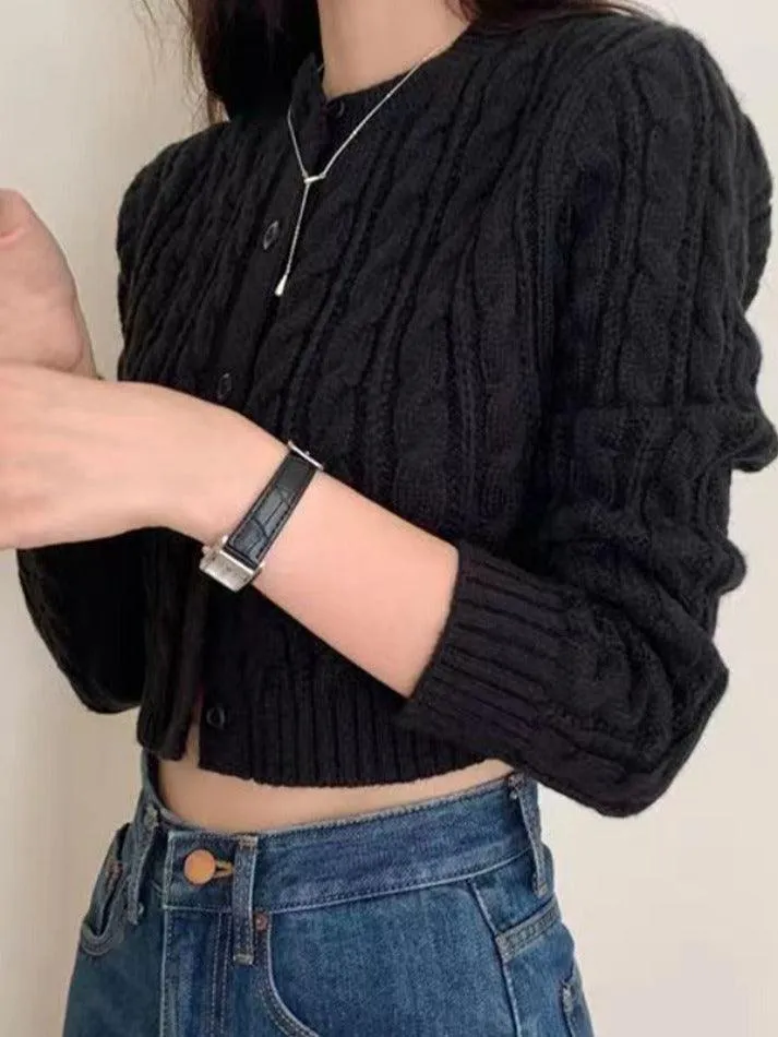 Wenkouban-Spring Casual Outfits Y2K Outfits Solid Short Cable Knit Cardigan