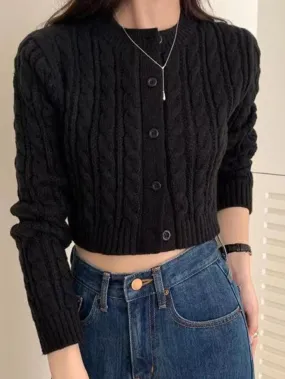 Wenkouban-Spring Casual Outfits Y2K Outfits Solid Short Cable Knit Cardigan