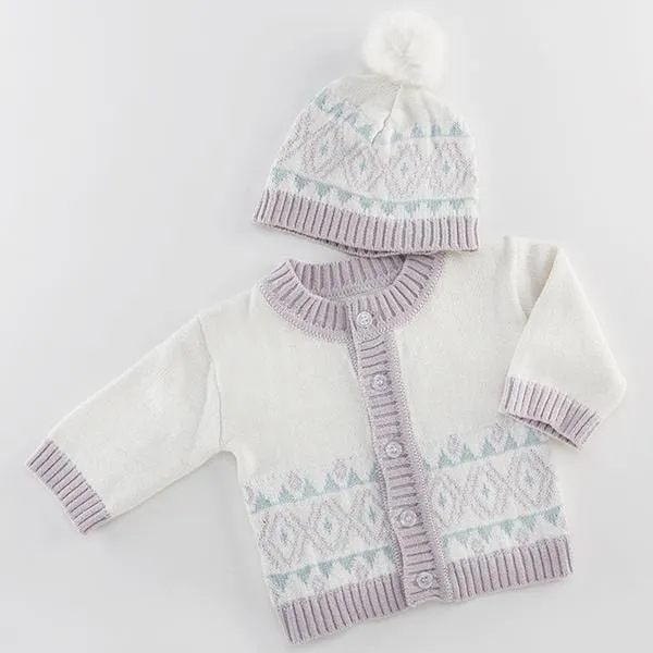 White Fair Isle Cardigan and Pom Pom Hat