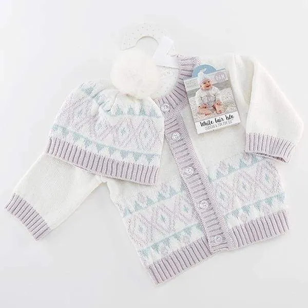 White Fair Isle Cardigan and Pom Pom Hat