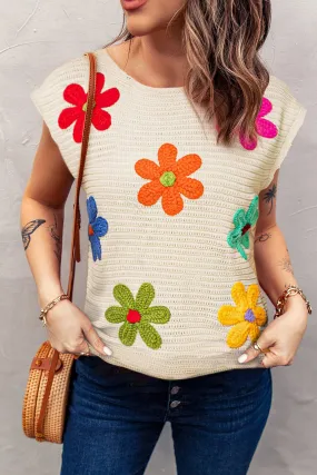 White Flower Crochet Round Neck Knitted Top