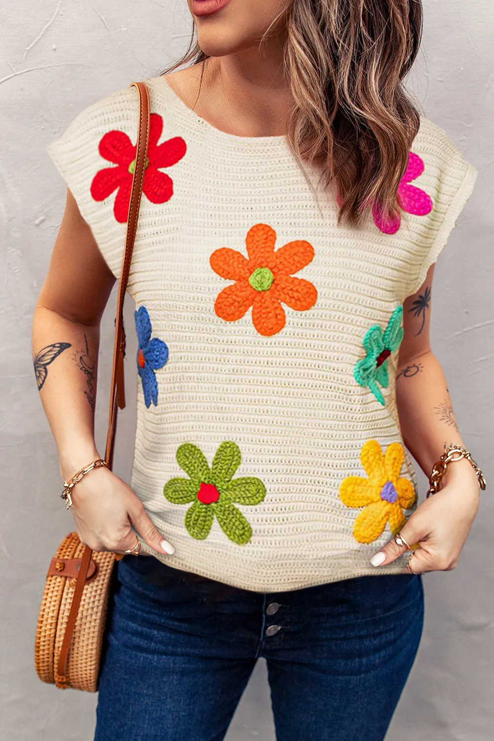 White Flower Crochet Round Neck Knitted Top