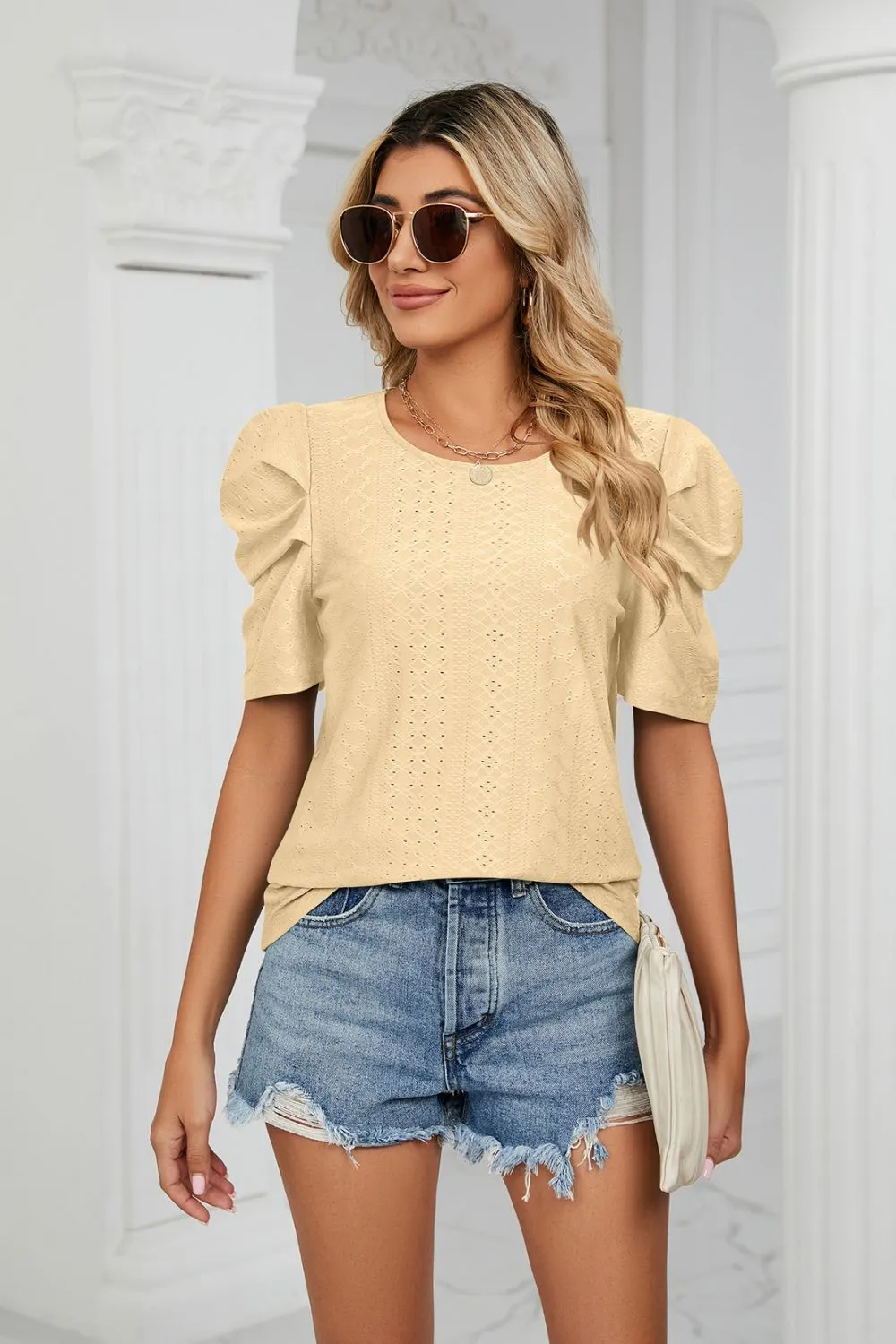 Why Not Me Eyelet Puff Sleeve Top