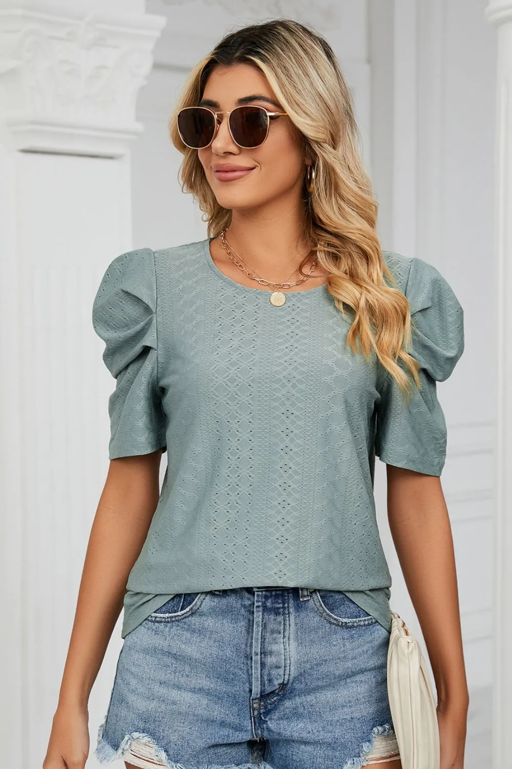 Why Not Me Eyelet Puff Sleeve Top