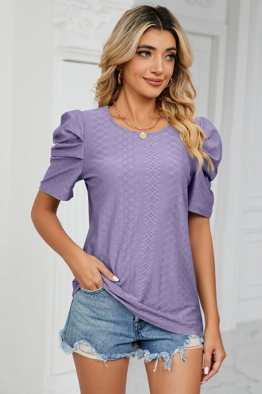 Why Not Me Eyelet Puff Sleeve Top
