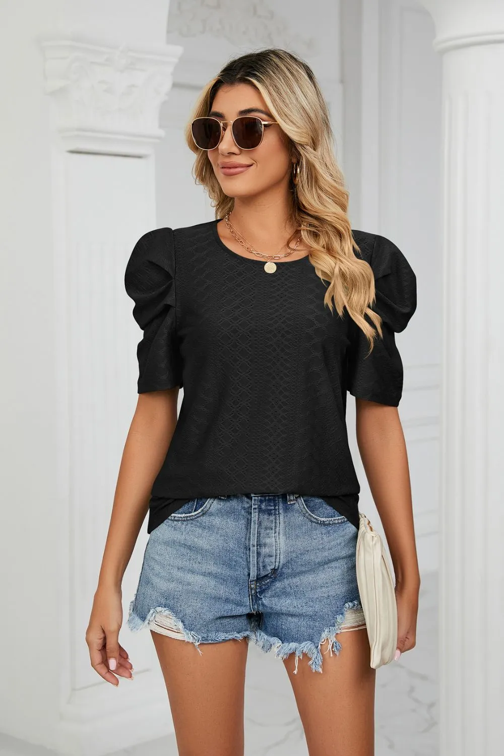 Why Not Me Eyelet Puff Sleeve Top