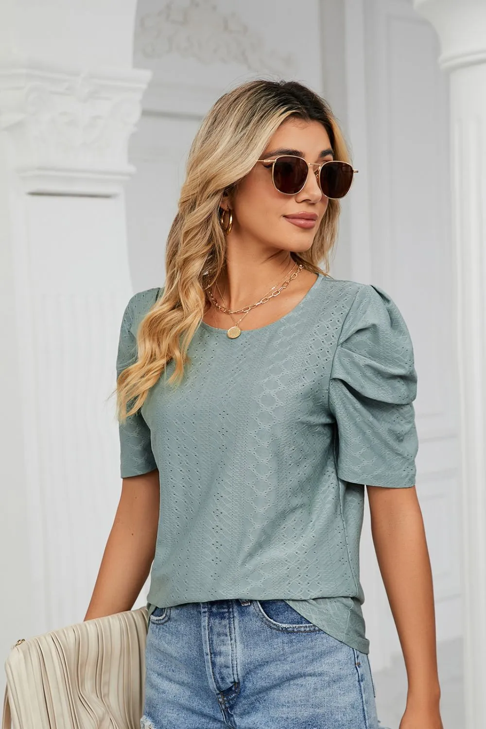 Why Not Me Eyelet Puff Sleeve Top