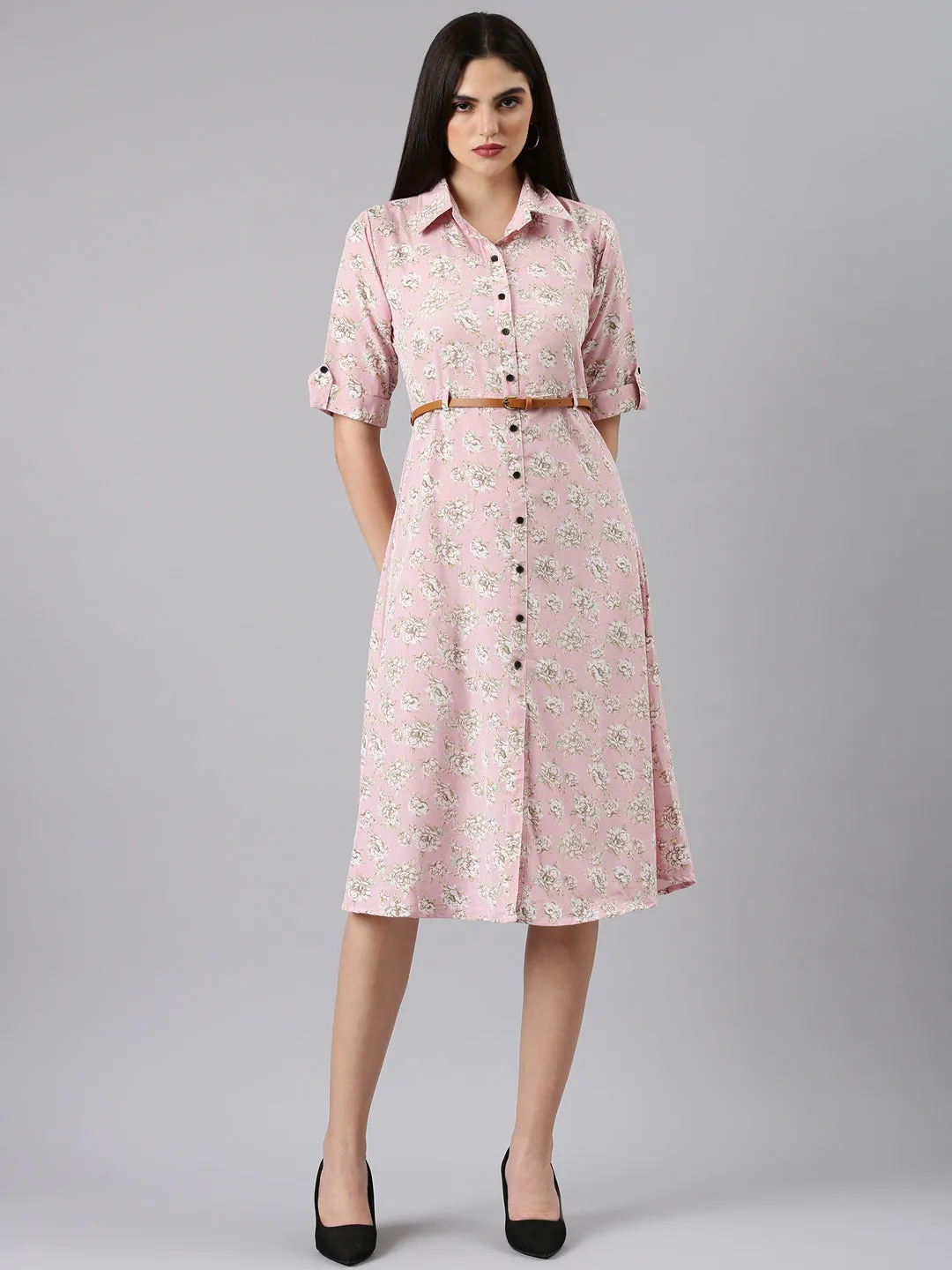 Women Pink Floral Shirt Dress