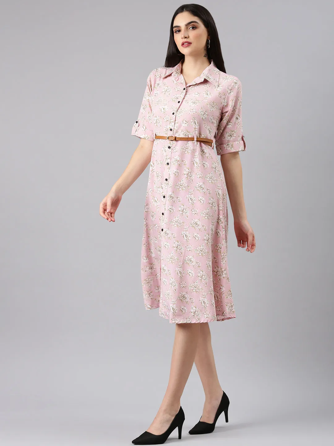 Women Pink Floral Shirt Dress