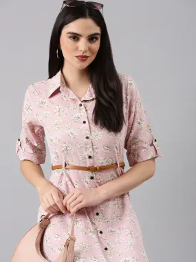 Women Pink Floral Shirt Dress