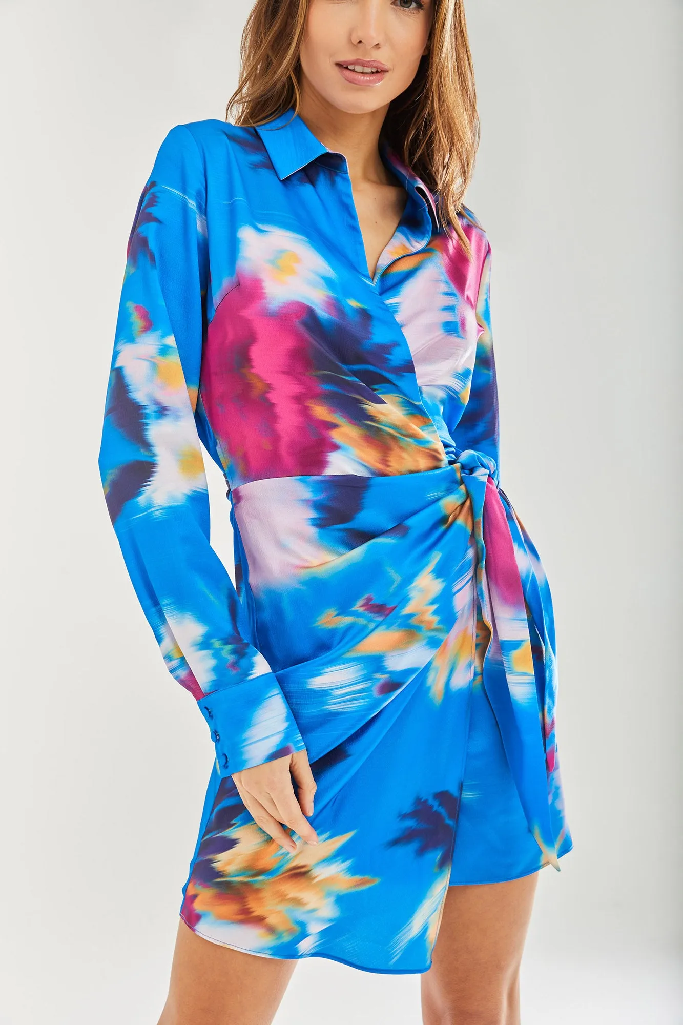 Women's Mini Dress in Blue Floral Satin with Long Sleeves and Waist Tie - Stylish Wrap Design by Liquorish