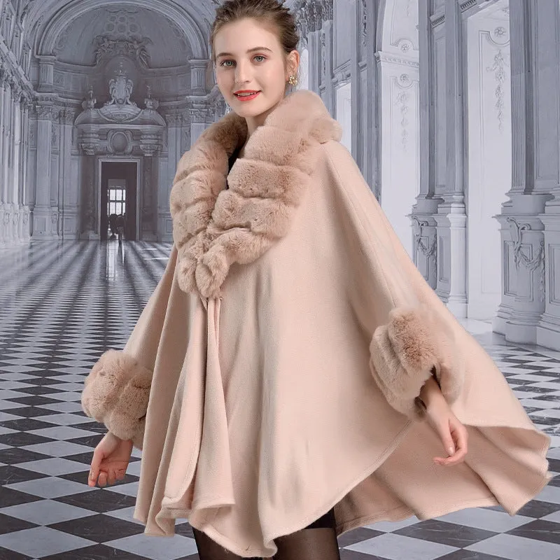 Women's Winter Thick Loose Poncho With Faux Rabbit Fur