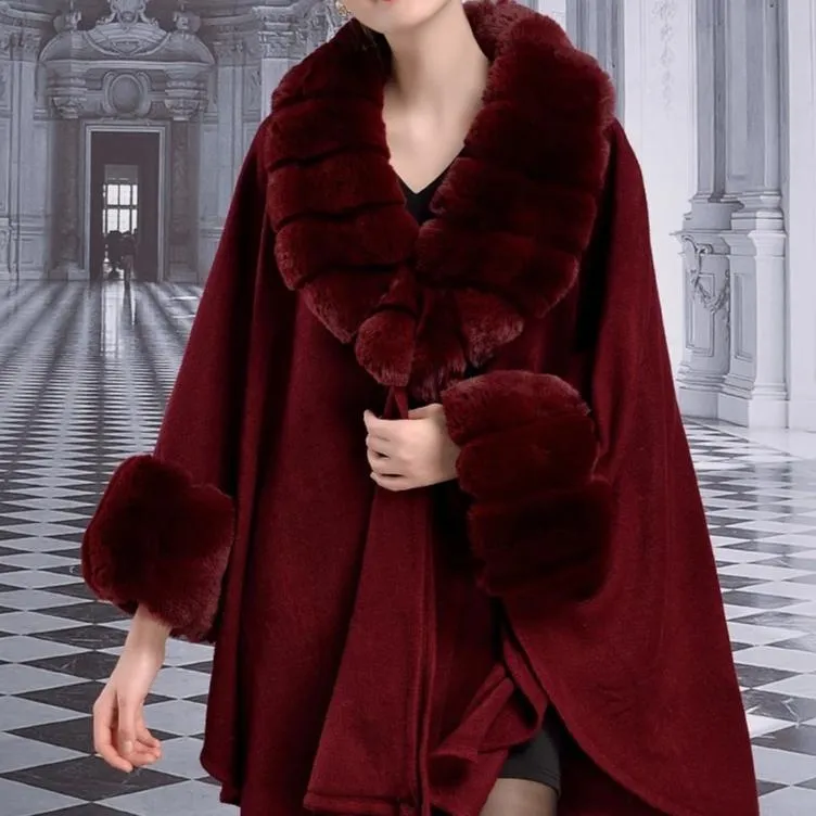 Women's Winter Thick Loose Poncho With Faux Rabbit Fur
