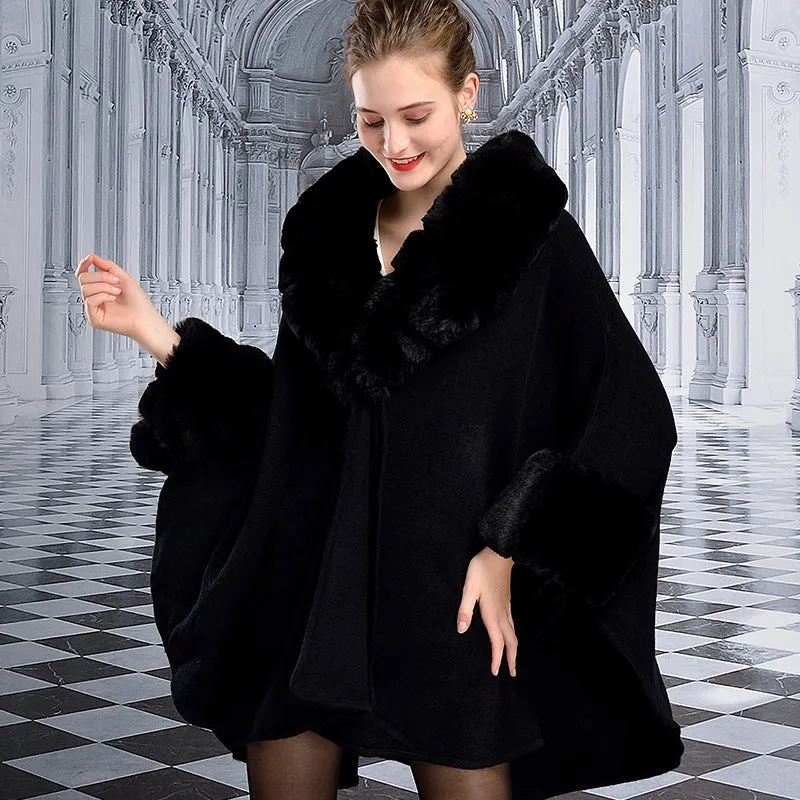 Women's Winter Thick Loose Poncho With Faux Rabbit Fur