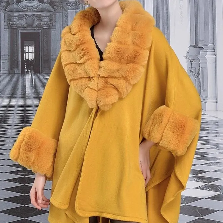 Women's Winter Thick Loose Poncho With Faux Rabbit Fur