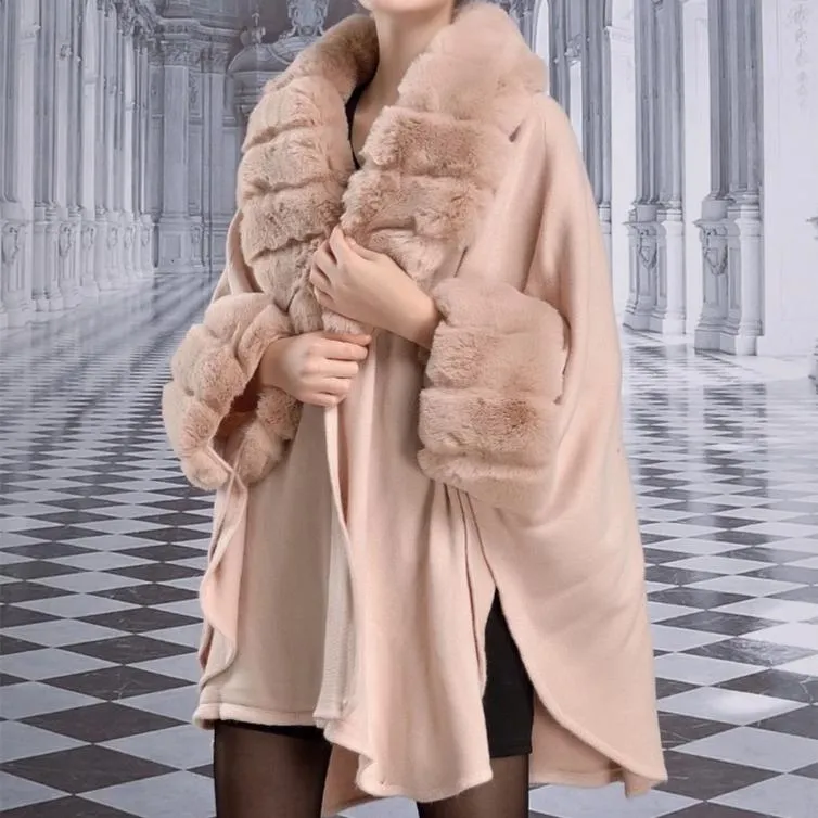 Women's Winter Thick Loose Poncho With Faux Rabbit Fur